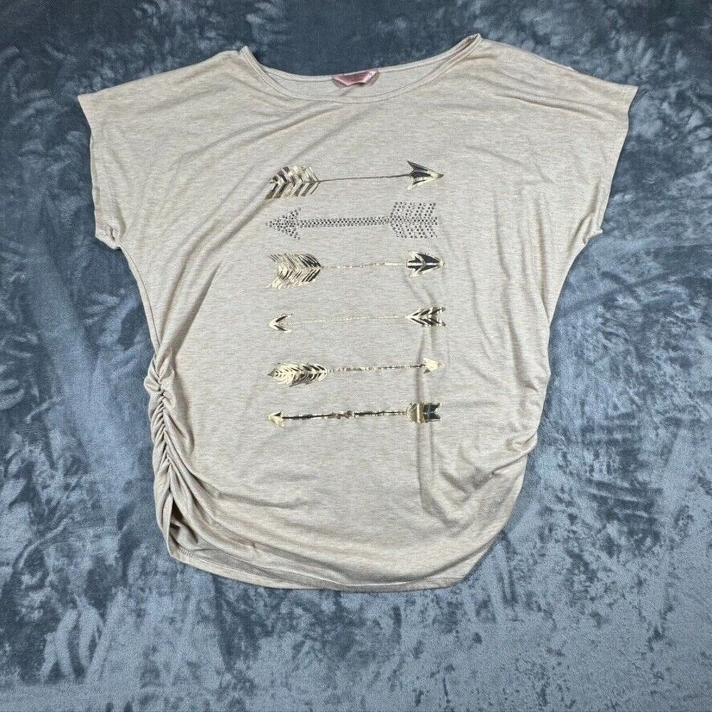 SJS  Womens 3X Creamy‎ Beige Metallic Arrows Ruched Sides Top Embellished